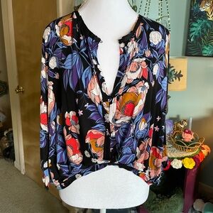 Free People Women's Black Floral V-Neck Blouse - Multi Color
